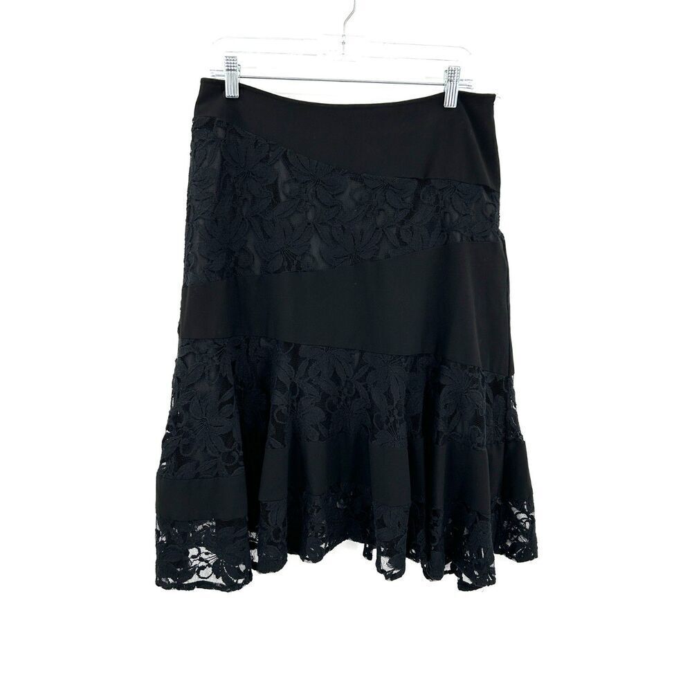 SUNNY LEIGH Black A-Line Asymmetrical Floral Lace Side Zip Midi Skirt Size 10